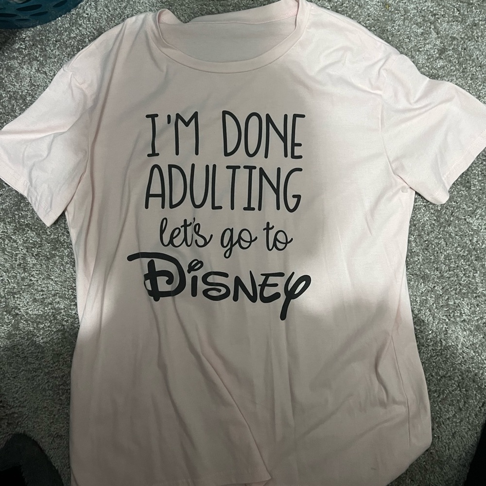 Pink, Amazon, “I’m Done Adulting Let’s Go To Disney” T Shirt, Woman’s Size L